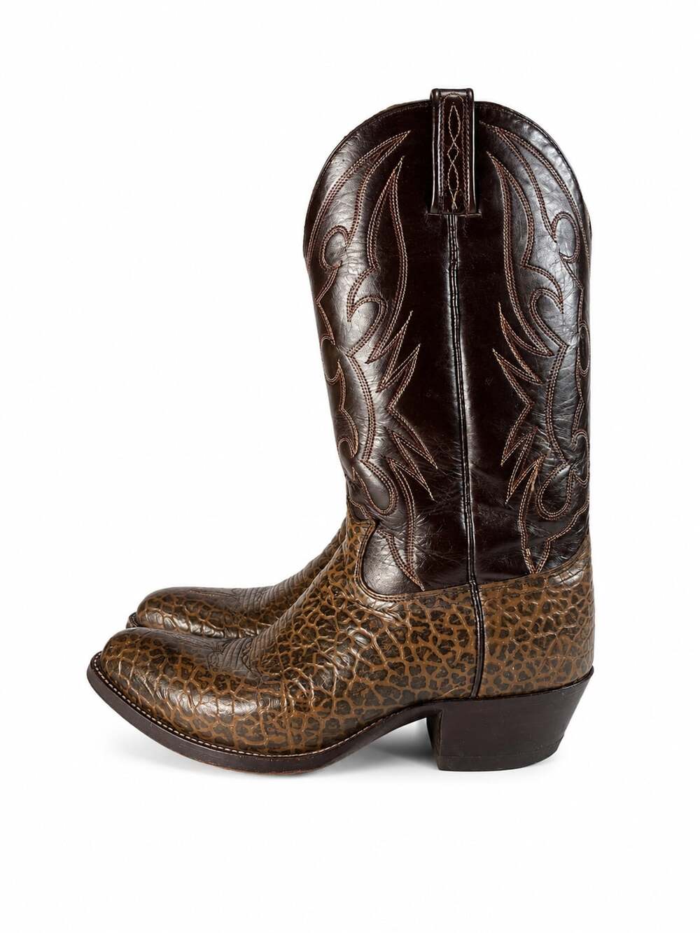 Acme Vintage Brown Leather and Bullhide Exotic Print Western Cowboy Boots